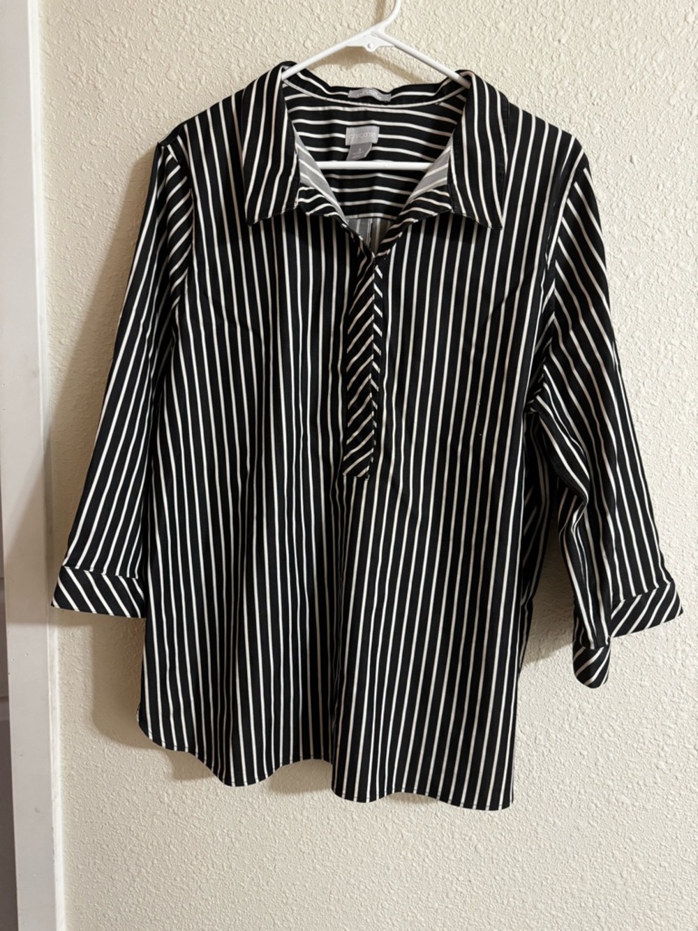 Chico's Black and White Striped No-Iron Top